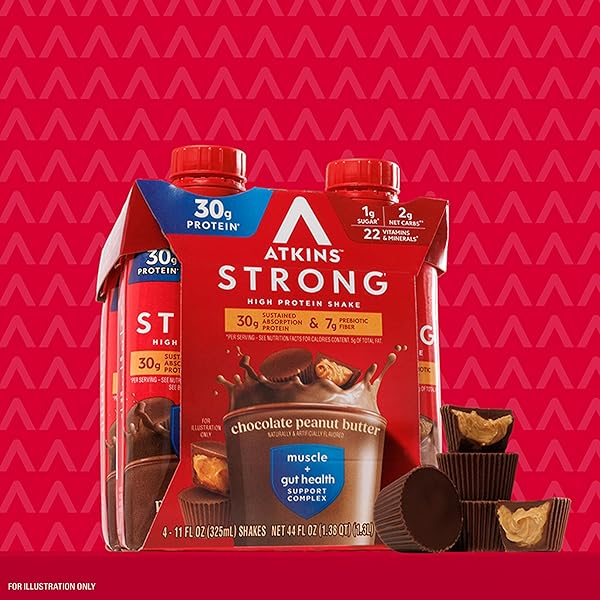 ATKINS STRONG HIGH PROTEIN SHAKE, CHOCOLATE PEANUT BUTTER, 30G PROTEIN, 7G PREBIOTIC FIBER, MUSCLE & GUT HEALTH SUPPORT COMPLEX, 4 COUNT