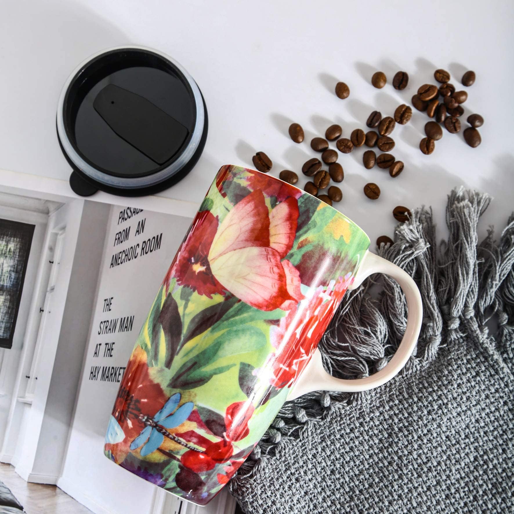 DUSVALLY 17oz Ceramic Travel Mug with Lid & Handle, Porcelain Coffee Cup with Gift Box, Dishwasher & Microwave Safe, Ideal for Daily Use, Commute & Gifting