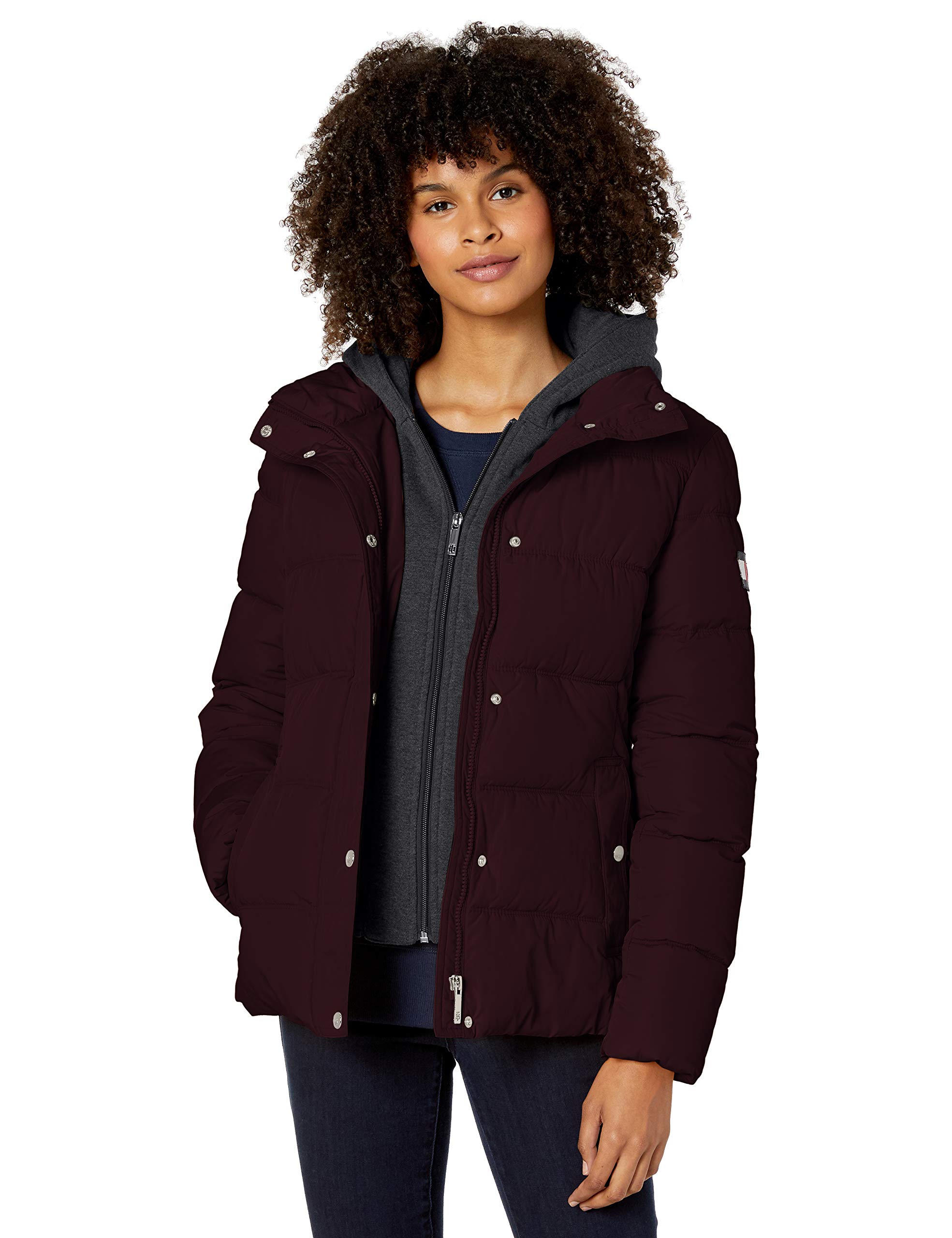 tommy hilfiger women's short down alternative jacket with zipout fleece hood