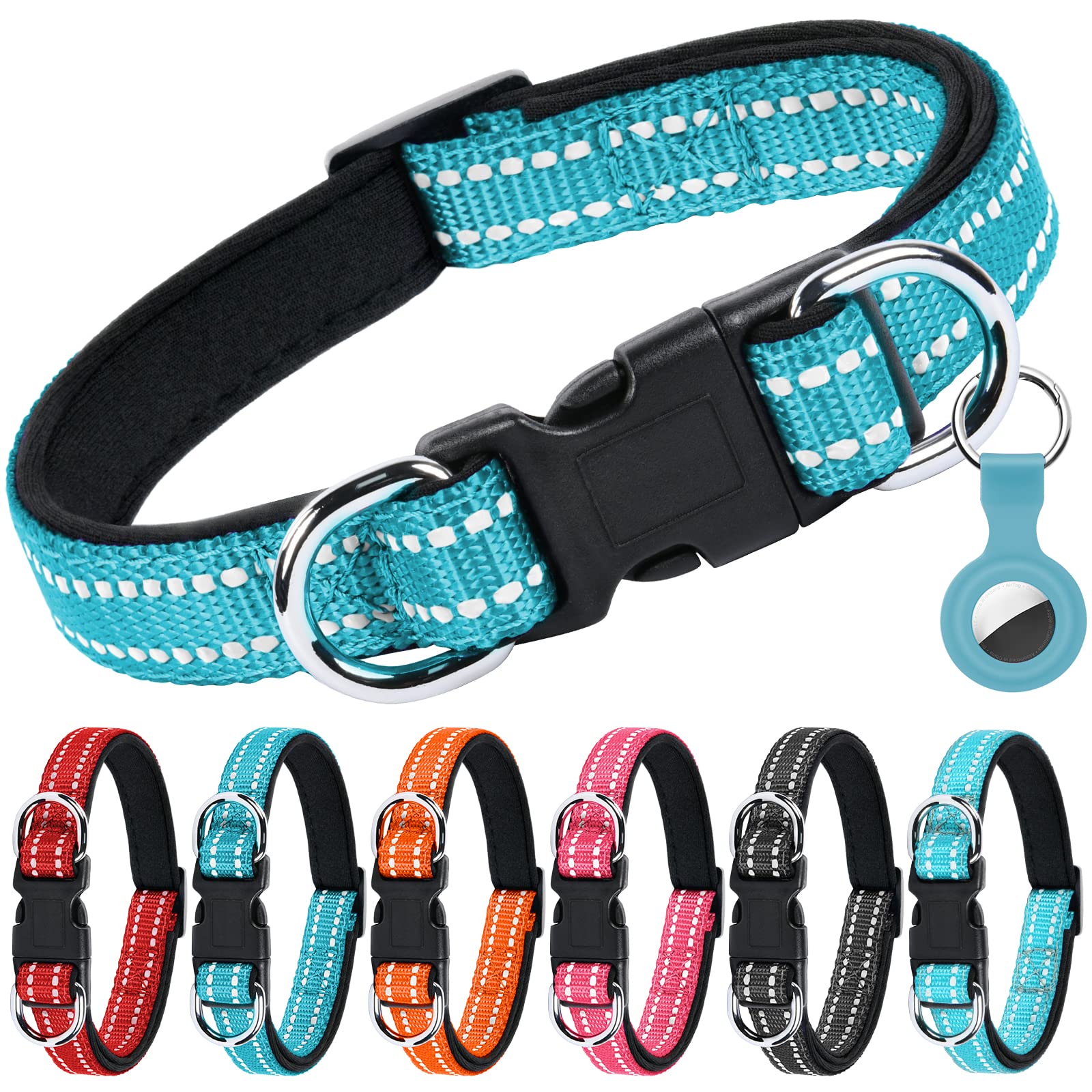 AUAUY Reflective Nylon Dog Collars, Double Security Adjustable Classic Pet Collars with Soft Neoprene Padding AirTag Case, Dual D-Ring Quick Release Buckle for Small Puppy, Medium Large Dogs(Blue-L)