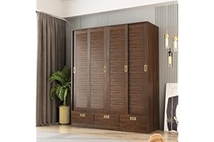Hitow Large Wardrobe Armoire Closet with Sliding Louvered Doors, 4 Doors Wardrobe Cabinet with 3 Drawers & 3 Hanging Rod, Bedroom Clothes Cabinet Organizer, Brown Type A (59.1" W x 20.9" D x 70.9" H)