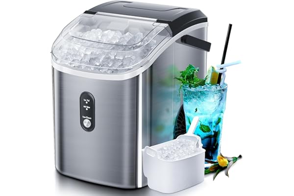 Nugget Countertop Ice Maker with Soft Chewable Ice, 34Lbs/24H, Pebble Portable Ice Machine with Ice Scoop, Self-Cleaning, One-Click Operation, for Kitchen,Office Stainless Steel Silver