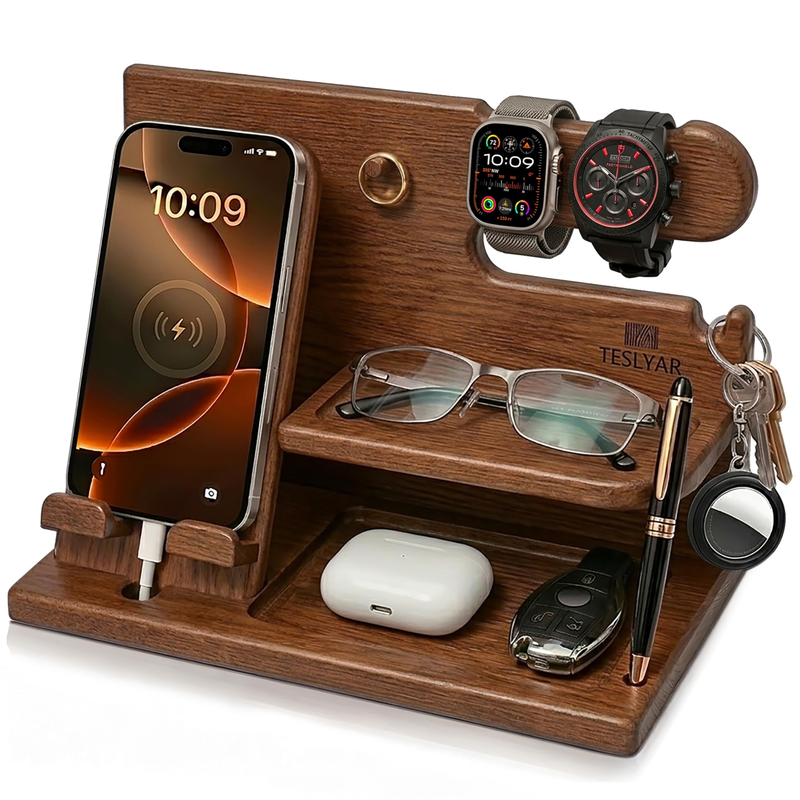 TESLYAR Wood Phone Docking Station for Men - Desk or Nightstand Organizer - Birthday Gifts for Husband or Dad - Anniversary Idea from Wife - Key Holder, Stand Wallet, Watch & Essentials (Earth Beige)