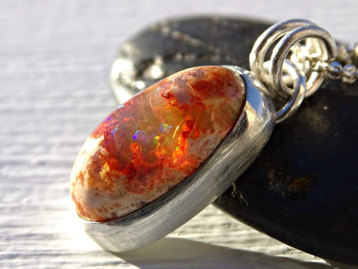 Amazon Com Dainty Fire Opal Pendant Silver Opal Crystal Necklace Organic Opal Necklace Matrix Opal Pendant Anniversary Gift For Her Yoga Pendant Handmade