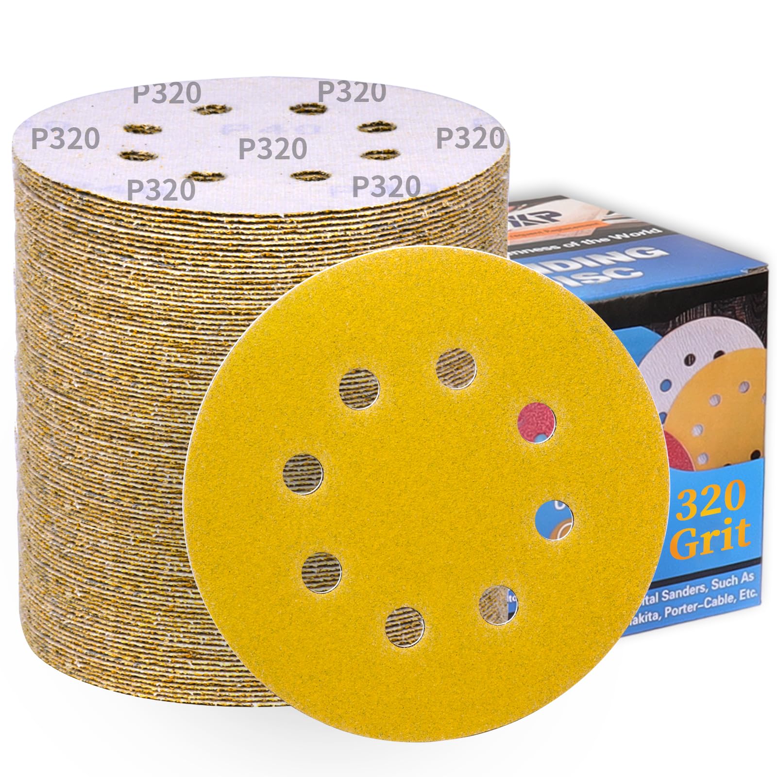 100Pcs 125mm Sanding Discs 320 Grit 8-Holes Hook and Loop Sanding Pads for Random Orbital Sander Sandpaper Sheet-ALPXUXP