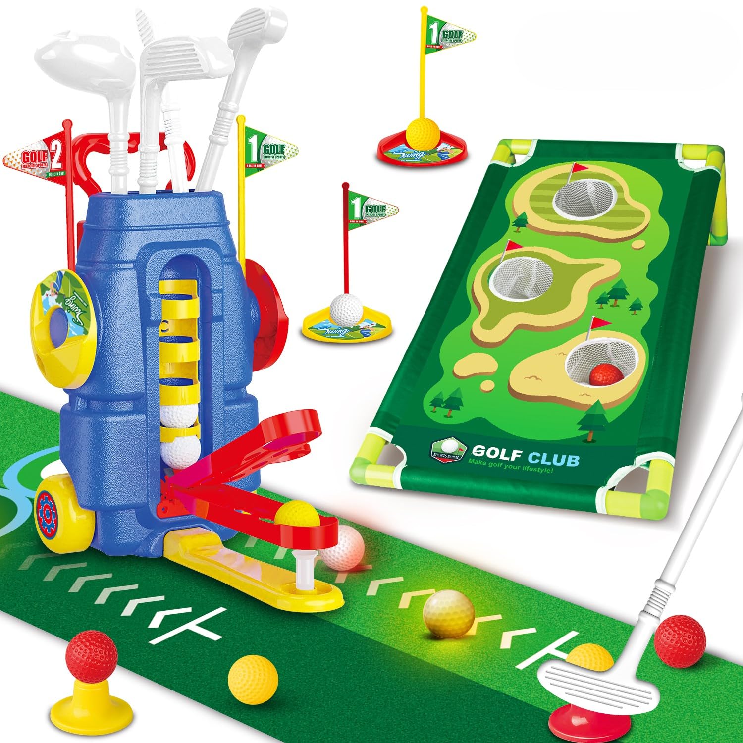 Photo 1 of Fistone Toddler Golf Set with Foot-Pedal Launcher- 3 in 1 Kids Golf Toy with Golf Cornhole Board & Putting Mat | Indoor & Outdoor Golf Toys - Birthday Gift for Boys & Girls Age 3-8