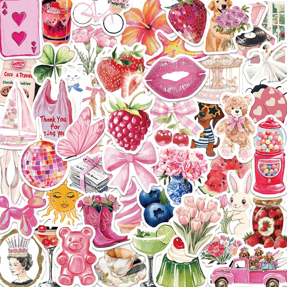 55 PCS Vintage Pink Stickers, Waterproof Retro Aesthetic Stickers for Water Bottles,Laptop Scrapbook Journaling Decorative Decals for Adults