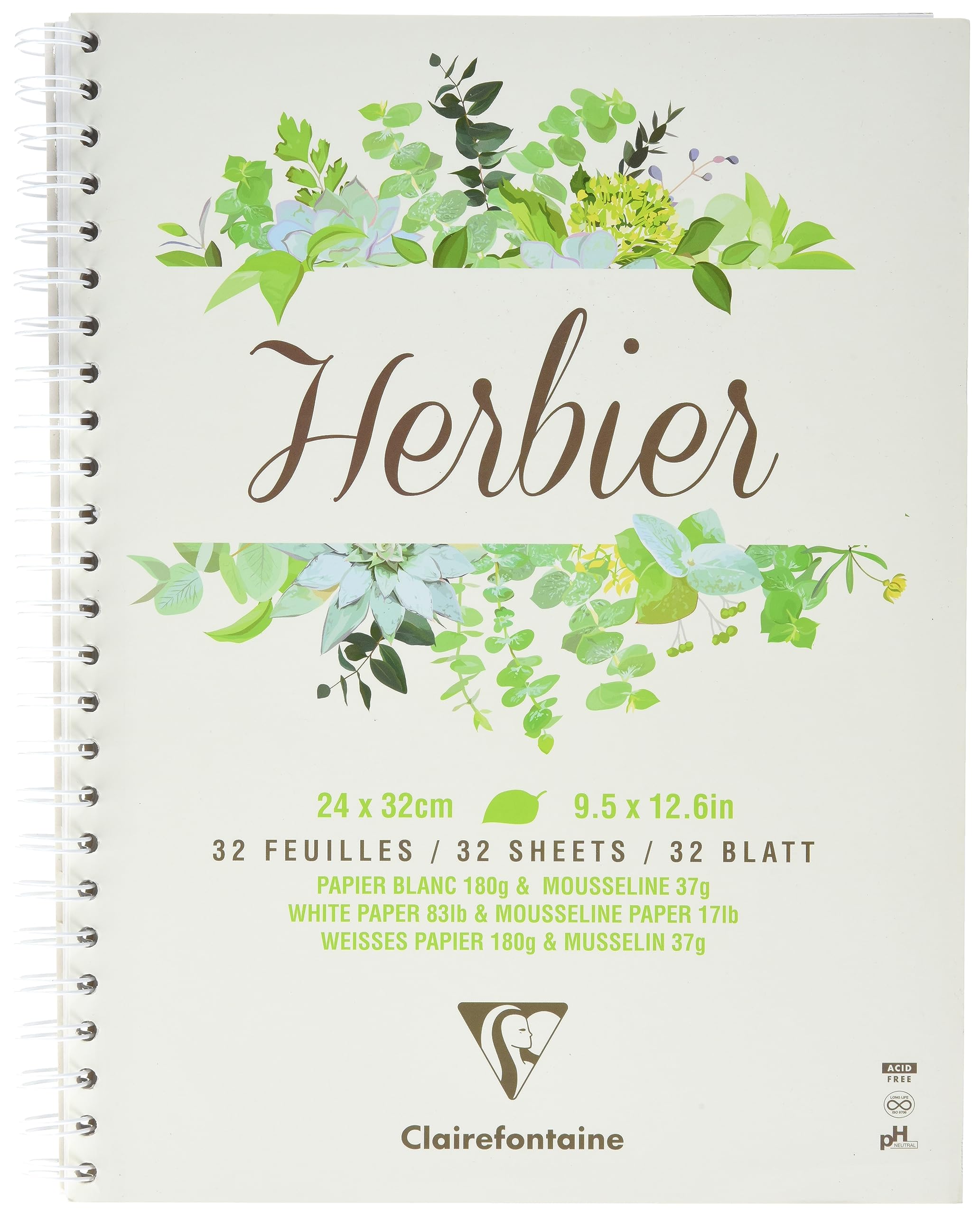 Clairefontaine - Ref 975180C - Graphic Arts Herbarium Wirebound Pad (32 Sheets) - 24 x 32cm in Size, 180gsm White Paper with 37gsm Mousseline Paper Dividers
