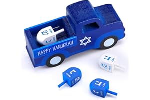 Kathfly 5 Pcs Hanukkah Truck with Dreidel Table Decorations Chanukkah Wooden Table Centerpieces Rustic Jewish Blue Dreidel Truck Wood Sign Hanukkah Decorations for Home Indoor Tabletop Tier Tray