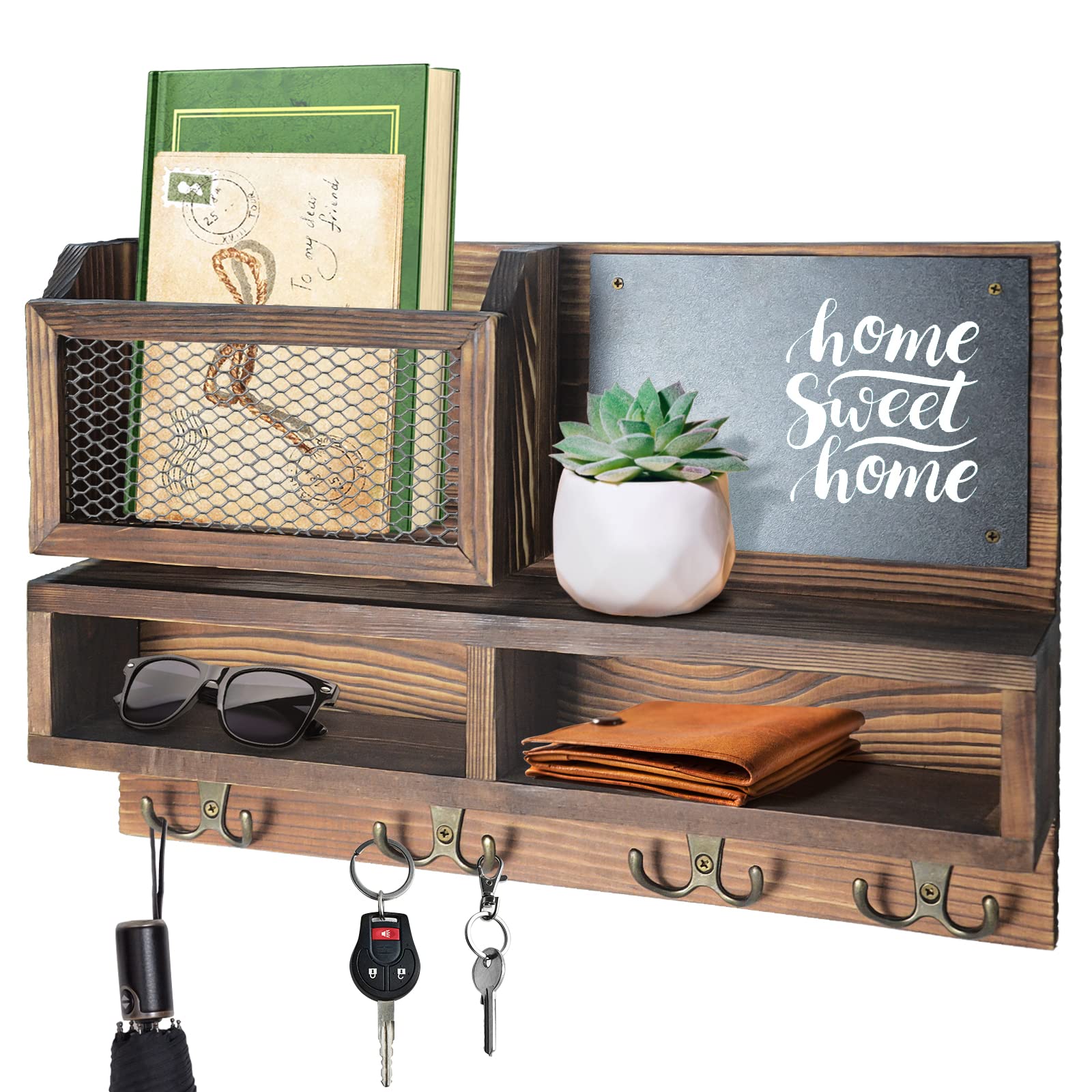 Photo 1 of Key Holder for Wall, Mail Organizer Wall Mount with Key Hooks and Wallet Holder, Sunglasses Storage and Dog Leash Hanger, Decorative with 4 Double Hooks and Chalkboard