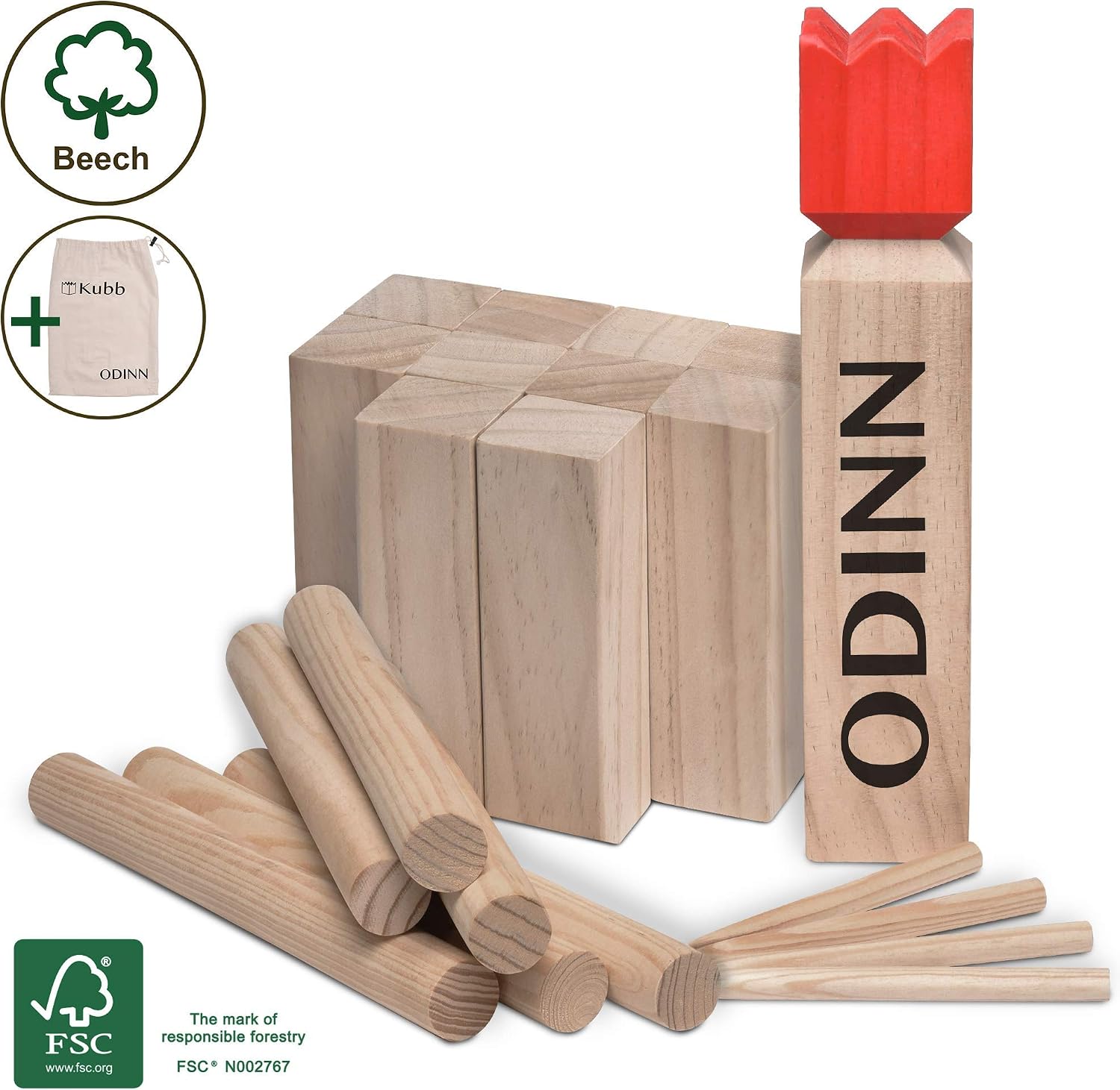 Toyfel Kubb Outdoor Game XXL Odinn, Indoor & Outdoor Kubb Game Made of FSC® Beechwood with Canvas Bag