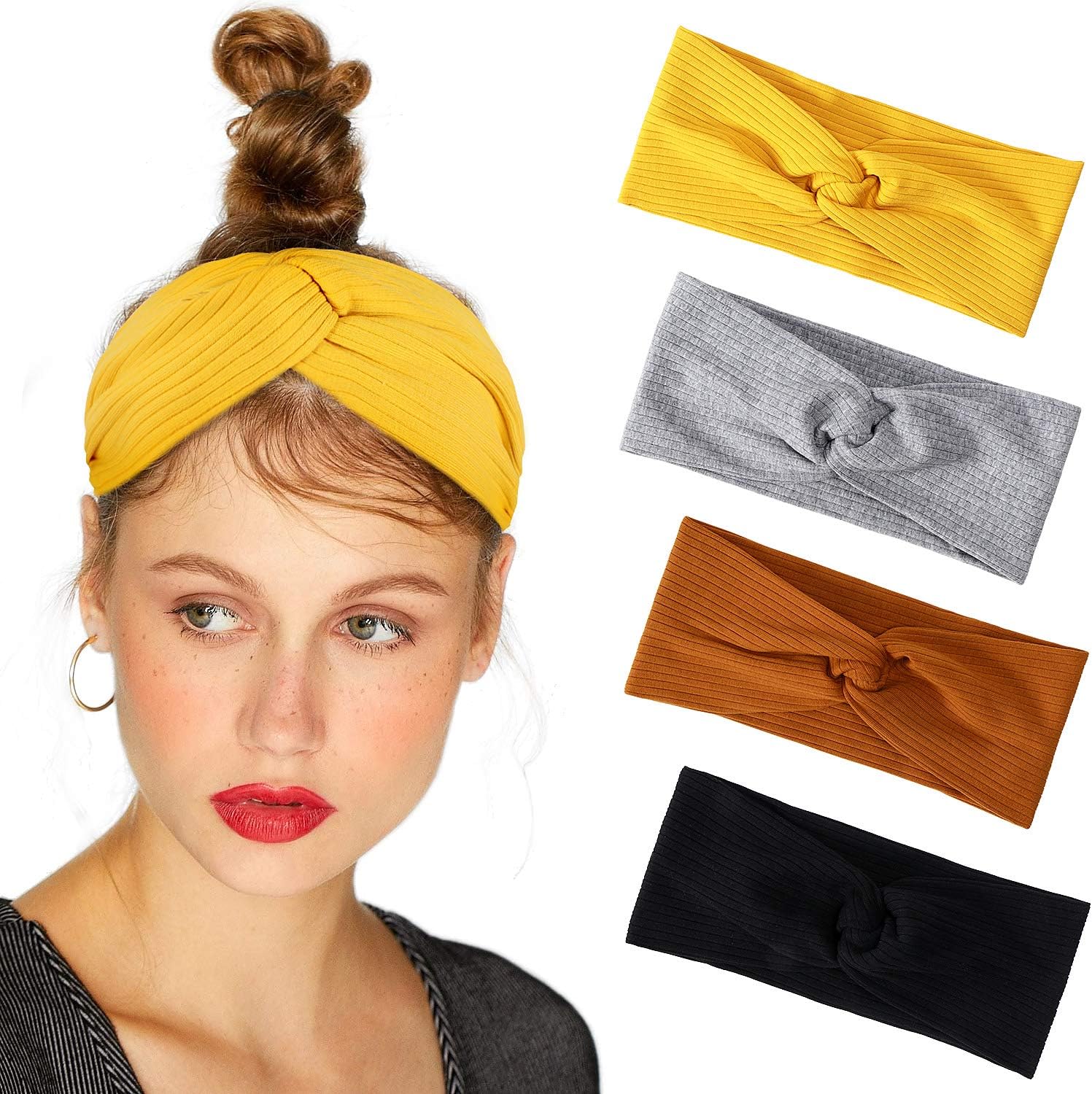 Bascolor Headbands for Women Floral Print Head Wrap Twist Knot Hairband Yoga Elastic Turban Headband (4pcs cotton headband)