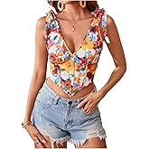 Floerns Women's Floral Tie Shoulder Corset Top Summer V Neck Hanky Hem Crop Tank Top