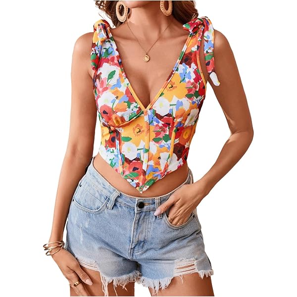 Milumia Women's Ditsy Floral Sleeveless Crop Top - Bow Tie Shoulder, Smocked Back, Asymmetrical Hem Bustier