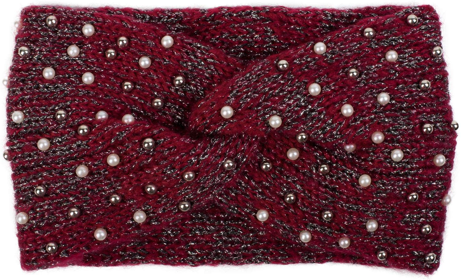 styleBREAKER women knit headband with pearls, metallic yarn and knot, hairband, headband 04026029, color:Bordeaux-Red-Black