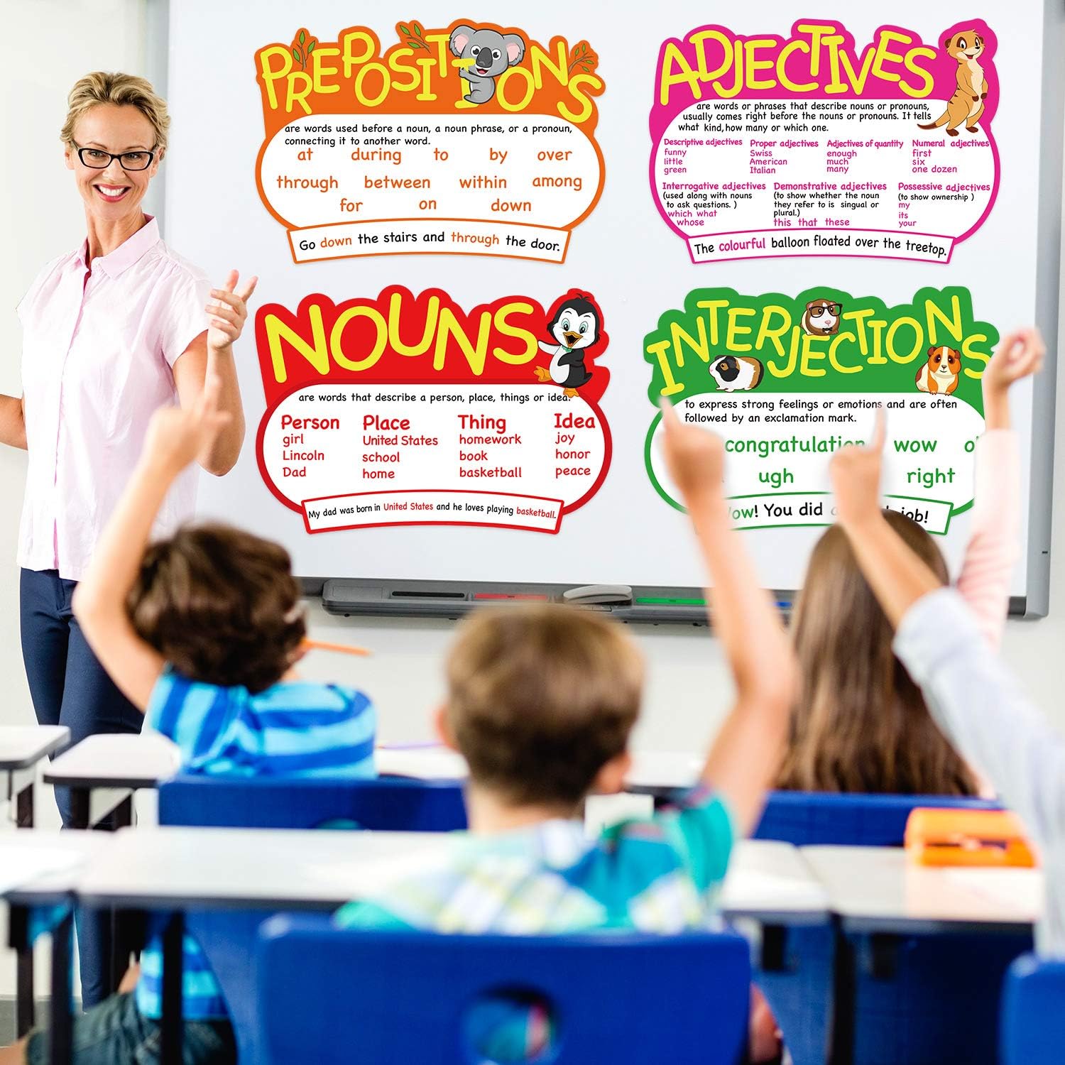 10 Pieces Parts of Speech Poster Grammar Poster Educational Grammar Cutouts Bulletin Board Set with 100 Adhesive Glue Point Dots for Student Classroom School, 16.5 x 11.5 Inches : Office Products