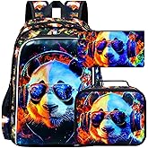 HPJGD 3PCS Panda Bookbag for Boys, Water Resistant Kids Backpack with Lunch Box, 17" School Bag Set for Teenagers Middle Elementary - Sunglasses Panda