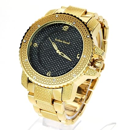 Techno Mens Hip Hop Iced Out Luxury Baller Diamond Bezel Analog Wristwatch Gold