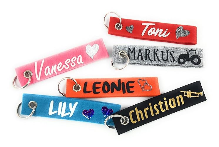 Schlüsselanhänger aus Filz mit „Deinem Wunschnamen“ und einem Symbol. Personalisierte Geschenkidee mit Name oder Wunschtext