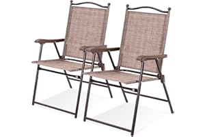 Tangkula Set of 2 Patio Folding Dining Chairs, Outdoor Sling Lawn Chairs with Armrests, Steel Frame, Portable Camping Lounge Chairs for Backyard, Deck, Poolside and Garden, No Assembly (1, Brown)