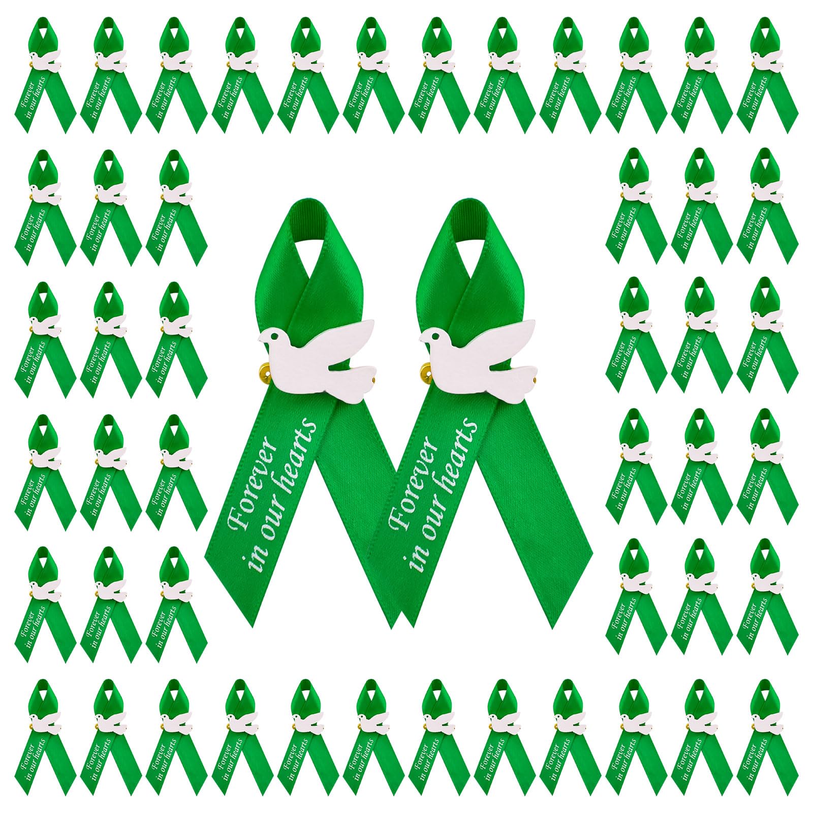 WANDIC 100 PCS Green Satin Ribbon Pins with Dove,Mental Health Awareness Badges Liver Cancer Brooches Memorial Ribbon Badges in Forever in Our Hearts for Funeral Mourning Event Bereavement Remembrance