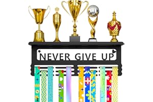 YXFOOR Medal Display Holder Wall Mount with Trophy Shelf - Large Capacity Award Rack for Race, Marathon, Soccer, Gymnastics, Swim Meets - Metal Sports Medal Hanger for Home Office Decor