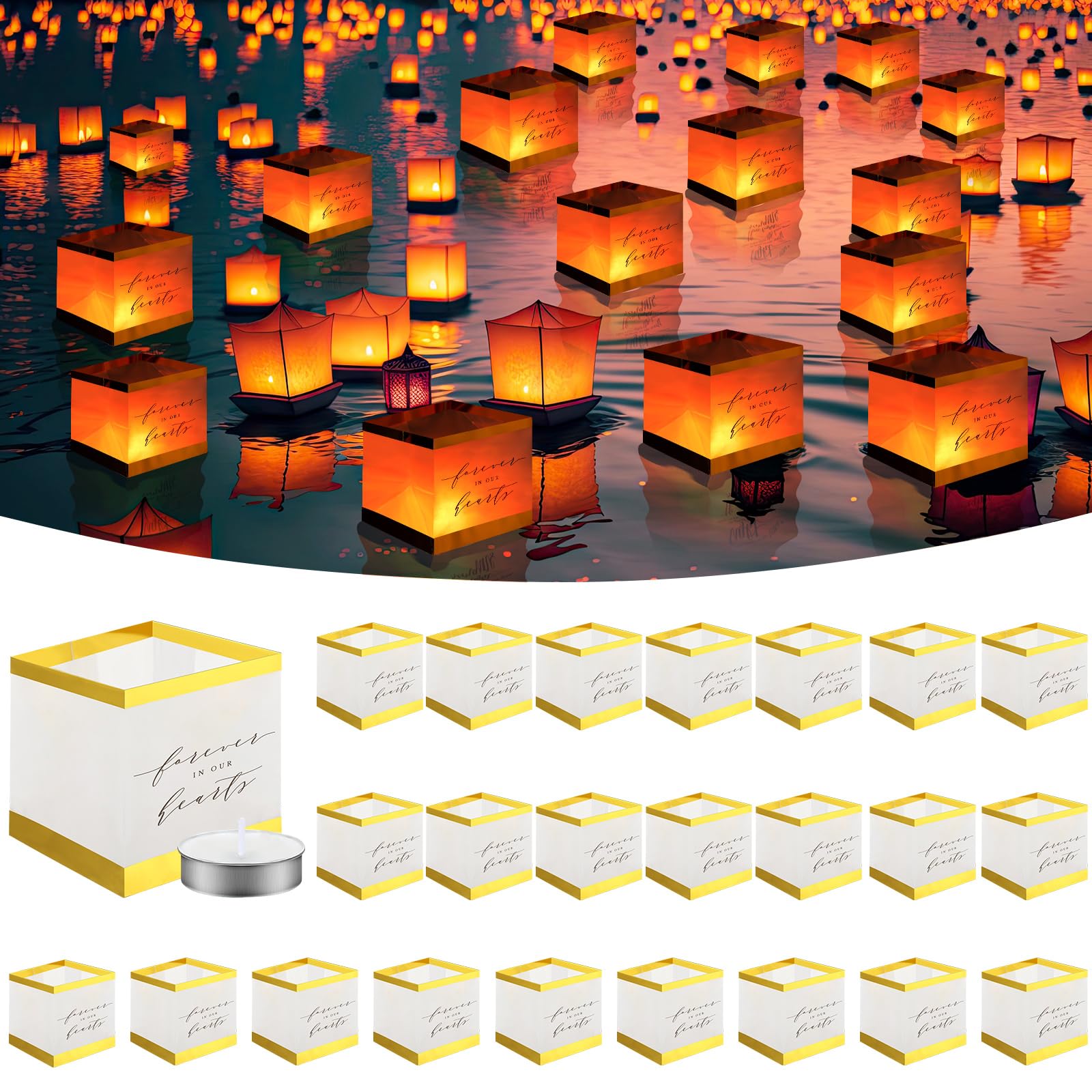 Photo 1 of MTLEE 25 Pcs Memorial Drifting Lanterns to Release in Water Biodegradable Forever in Our Hearts Chinese Paper Lanterns with 50 Pcs Floating Water Candles Funeral Favors for Guests, 5.91 x 5.91 Inches