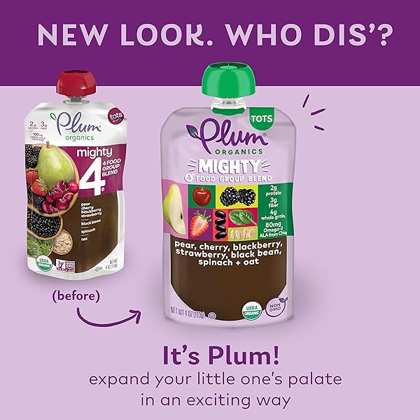 PLUM ORGANICS MIGHTY 4 ORGANIC TODDLER FOOD – PEAR, CHERRY, BLACKBERRY, STRAWBERRY, BLACK BEAN, SPINACH, AND OAT – 4 OZ POUCH – ORGANIC FRUIT AND VEGETABLE TODDLER FOOD POUCH