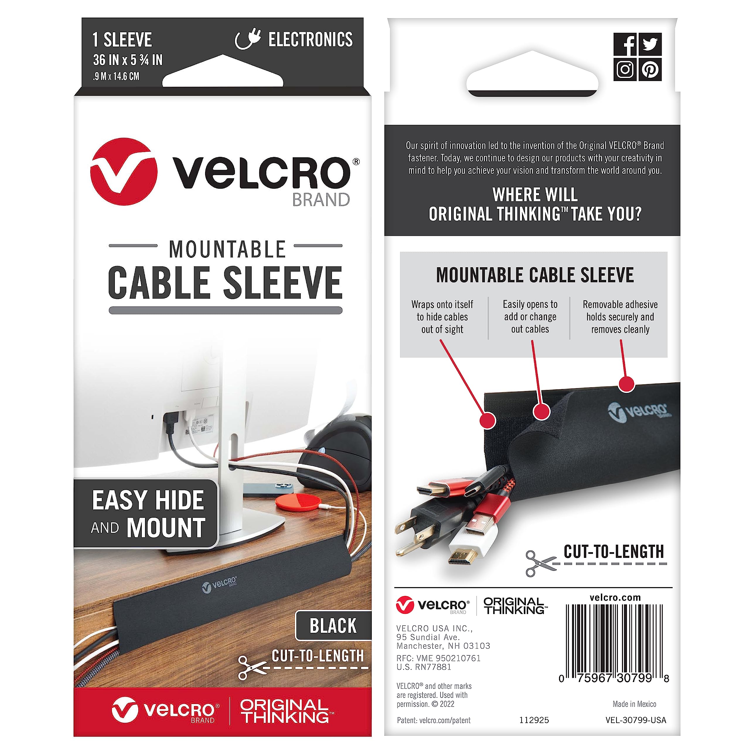 VELCRO Brand | Mountable Cable Sleeves Roll | Cable Tidy | Perfect Desk Organiser for Cable Management | 91cm x 14.6cm | Black