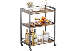 HITNET Bar Cart for The Home, Home Bar Serving Cart with Wheels and Storage Shelves, 3 Tier Rolling Liquor Beverage Cart for Kitchen Dining Living Room, Rustic Brown and Black