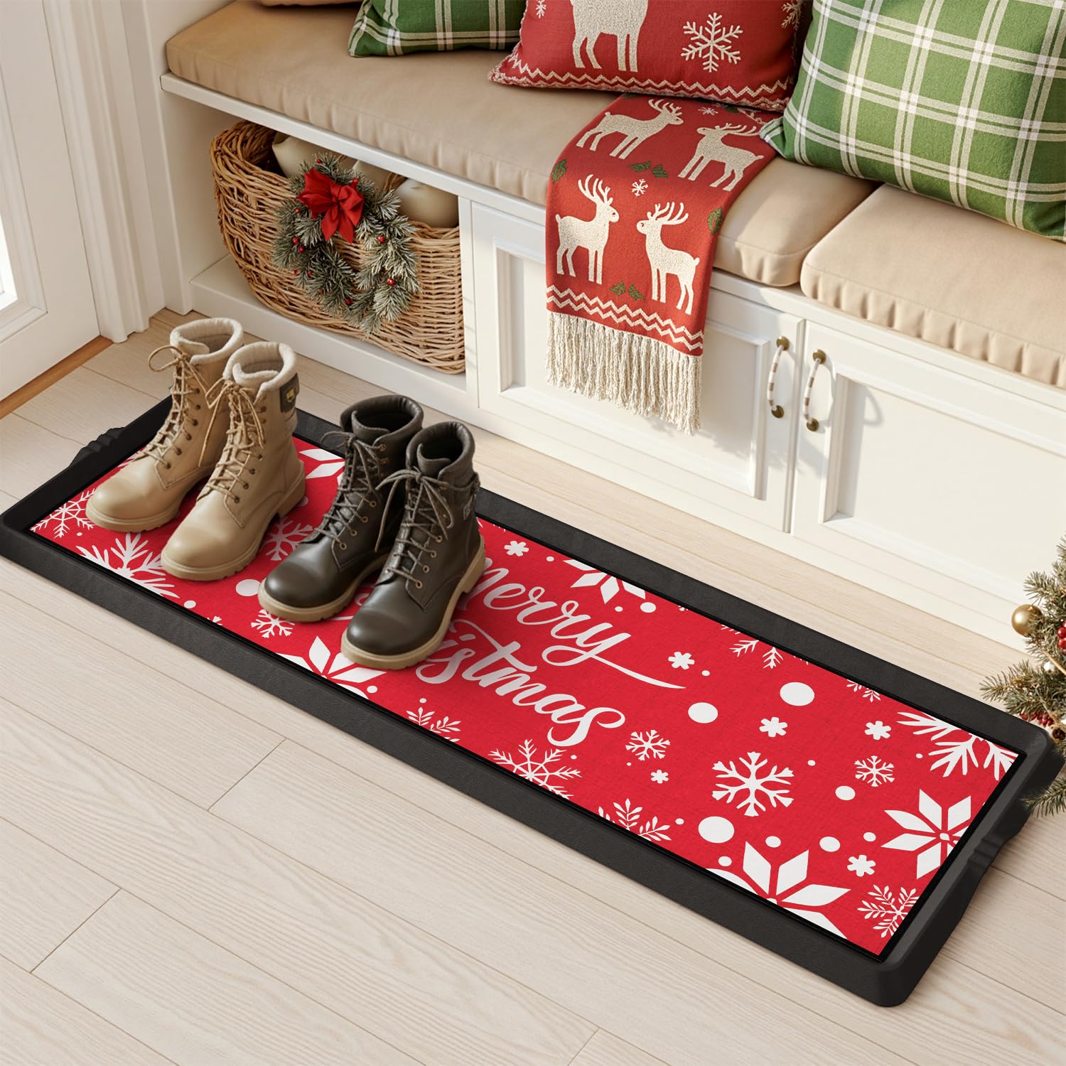 SUPENUIN Christmas Boot Tray Mat - Heavy Duty Snow & Water Catch Tray, Waterproof Rubber Shoe Mat with Lip for Entryway, Indoor & Outdoor Holiday Decor Storage (16"x48") Image