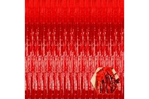 FERWZSR 3 Pack Red Foil Fringe Curtain Backdrop, 3.28Ft x 8.2Ft Metallic Tinsel Foil Fringe Streamer Curtains for Photo Booth, Christmas Day, Thanksgiving, Wedding, New Year Party Decorations
