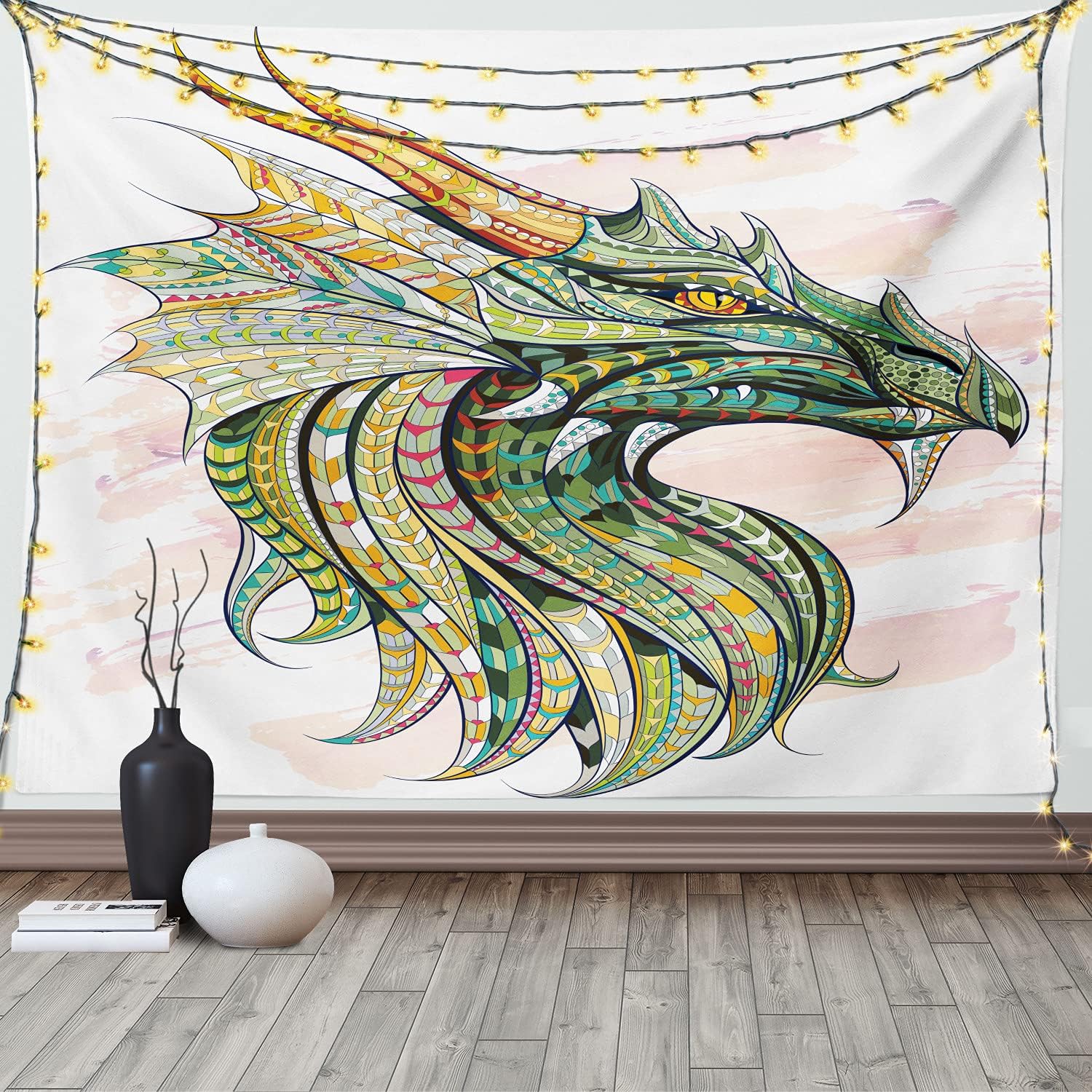 Ambesonne Celtic Tapestry, Head of Dragon with Ornate Effects on Grunge Backdrop Mythical, Wide Wall Hanging for Bedroom Living Room Dorm, 60