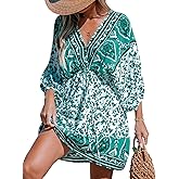 CUPSHE Women's Plunging V Neck Backless Beach Dress Paisley Boho Blouson Sleeve Back Tie Waist Tie Mini Summer Dresses