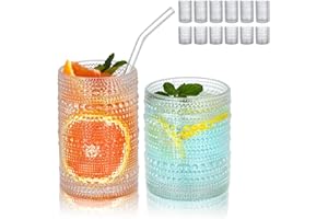 Hobnail Drinking Glasses Set of 12, 12oz & 15oz Vintage Glassware Set Cocktail Glass Set, Embossed Clear Water Tumbler,for Be