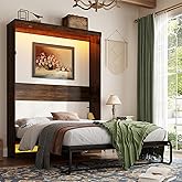 Hlivelood Queen Size Murphy Bed with 2 LED Lights, Farmhouse Wood Hidden Foldable Wall Bed Frame w/Gas Struts, Storage Bed Cabinet for Bedroom, Office, Space-Saving, No Box Spring Needed, Brown