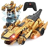 Kroyedfuw Dinosaur Transform Rc Cars, 2.4Ghz Remote Control Car Transforming Robot with Flashing Light, 360° Rotation One Button Deformation Car Toy Gifts for Boys Age 4-7 8-12