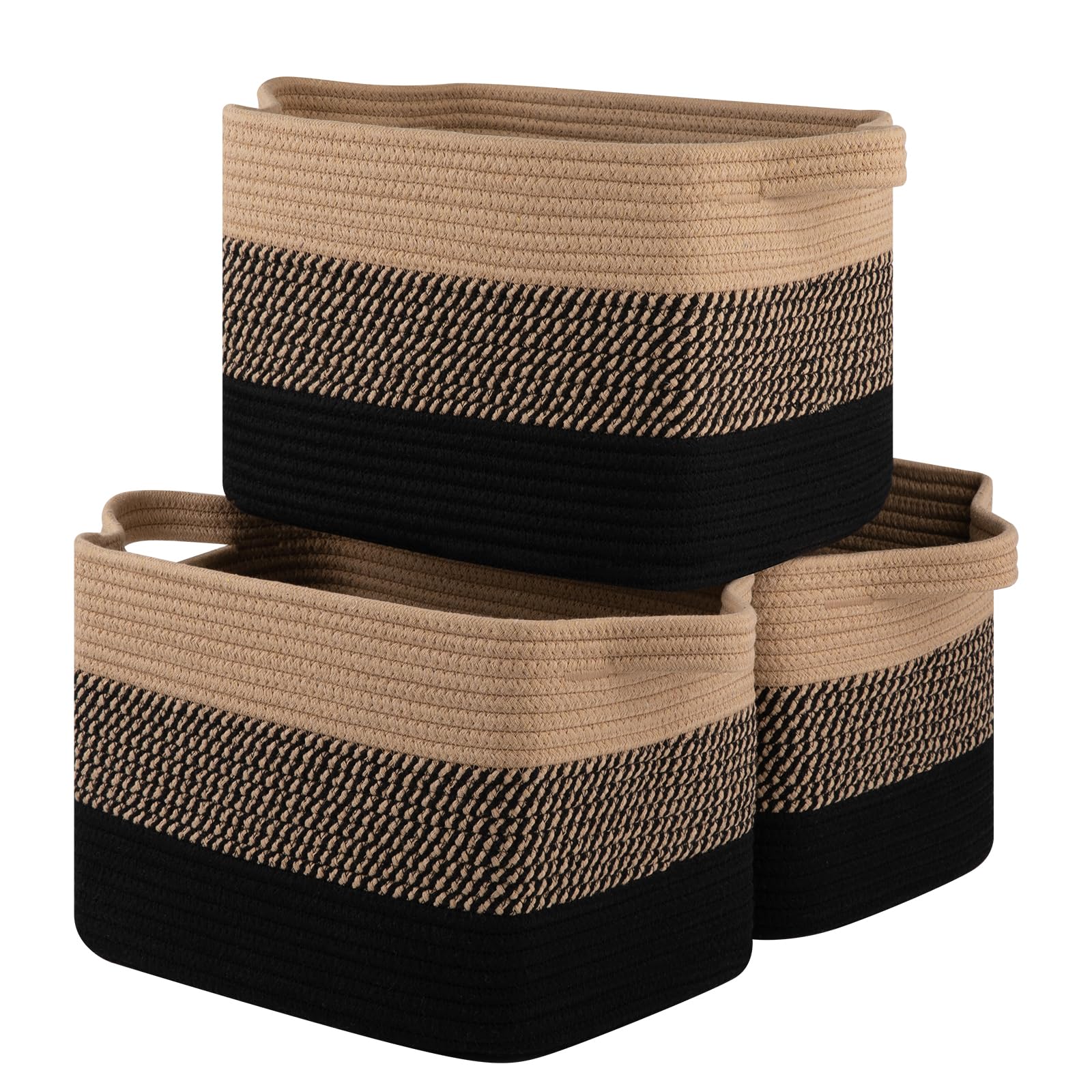 Storage Basket for Organizing, Woven Baskets for Storage, Rectangle Decorative Baskets for Shleves, Closet, Toys, Books, Nursery Organizer Bins - Pack of 3 (Black & Brown)