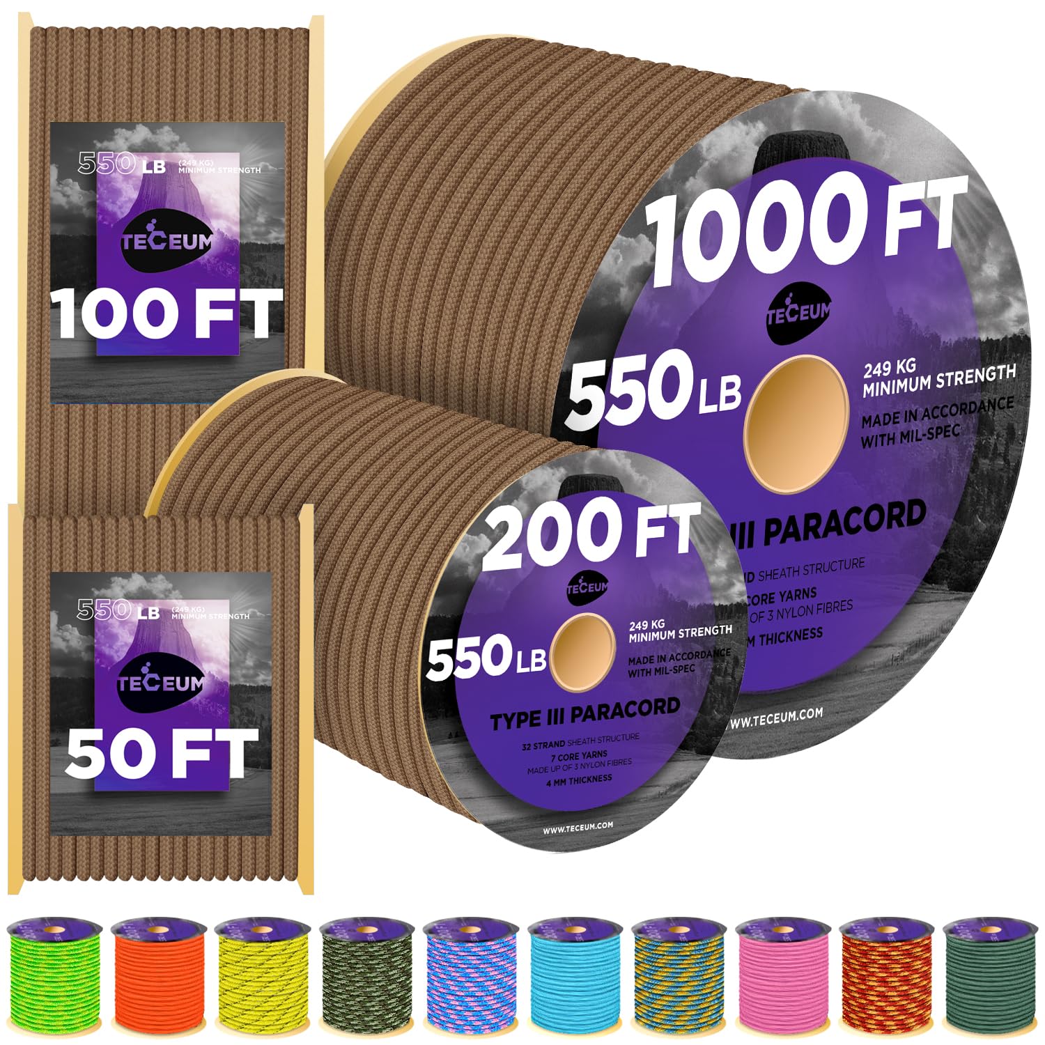 TECEUM Paracord Type III 550 Grizzly Brown – 50