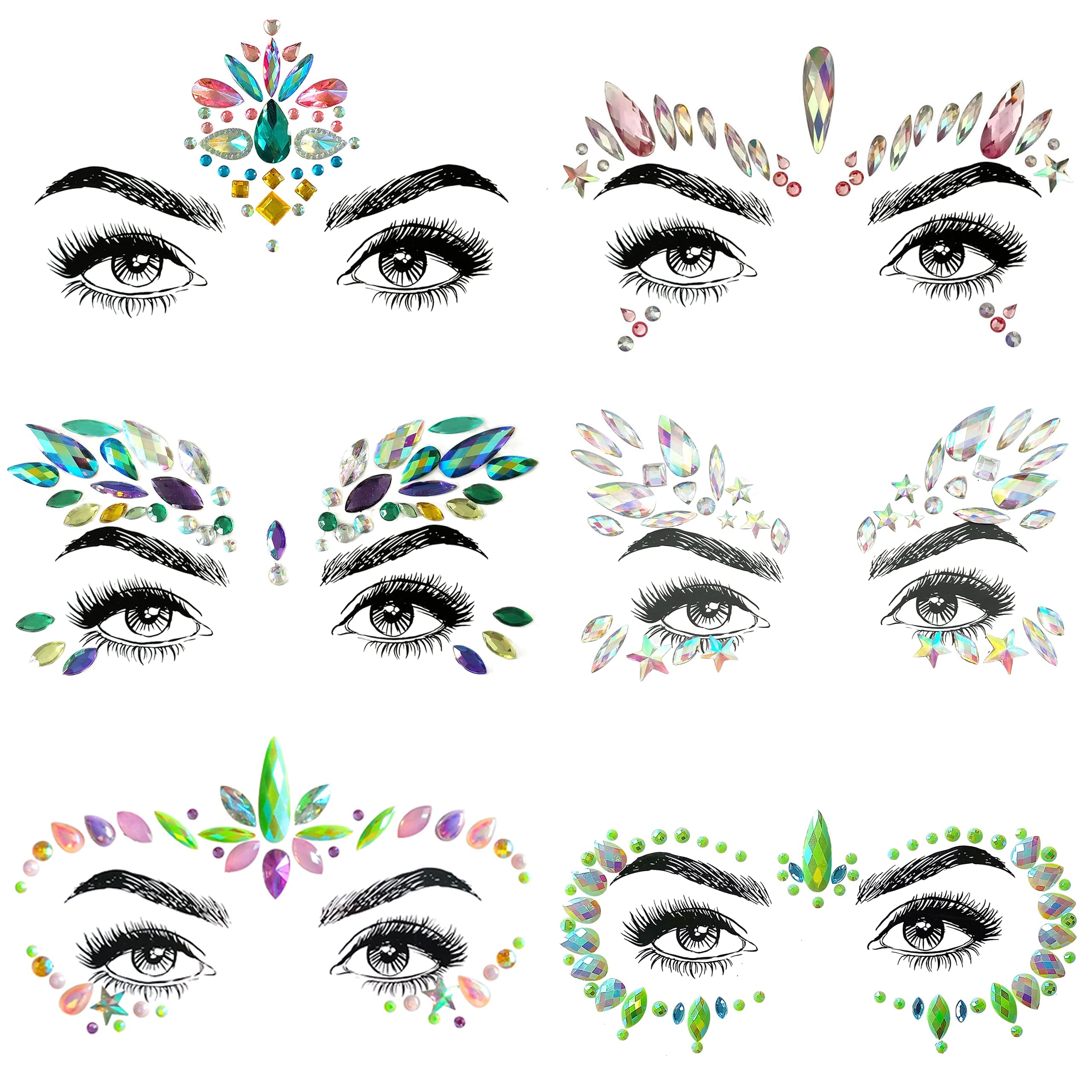 SHINEYES 6 Pcs Gemstone Face Stickers for Music Festival Holiday Party, Rhinestone Face decal for Halloween Christmas, Face Glitter Sticker Temporary Tattoo for Birthday Carnival
