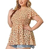 Agnes Orinda Plus Size Chiffon Blouses for Women Summer Flare Short Sleeve Smocked Ditsy Floral Peplum Top