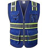 JKSafety 9 Pockets High Visibility Zipper Front MESH Blue Safety Vest | Blue with Dual Tone High Reflective Strips | ANSI/ISEA Standards (100-Blue, L)