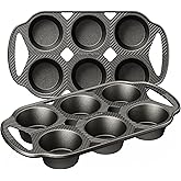 HONGBAKE Everline Collection Cast Iron Muffin Pans, Non toxic Uncoated 6-Cup Muffin Tins, Non-Stick Pre-Seasoned Cupcake Tray Pan Set for Baking, Oven & Stovetop Safe, Standard Size, 2 Pack
