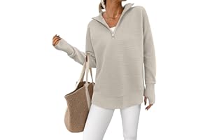 PRETTYGARDEN Womens Long Sleeve Quarter Zip Pullover Sweater Casual Loose V Neck Collared Ribbed Knit Jumper Tops Thumb Hole
