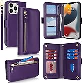 SunYoo for iPhone 13 Pro Max Wallet Case with Card Holder,for iPhone 12 Pro Max Case Wallet for Women Men with Stand,PU Leather Magnetic Zipper Pocket Wrist Strap Flip Phone Case-Dark Purple