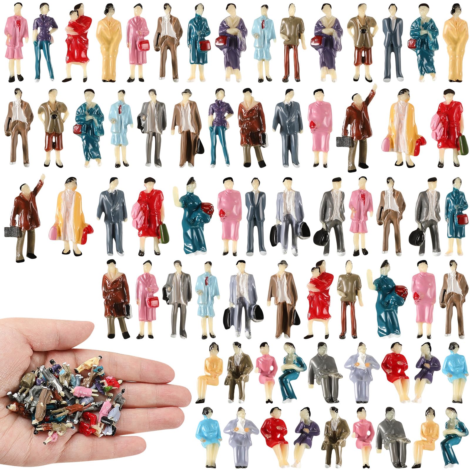 Namalu Small 1: 87 Ho Scale Mini People Figurines Set Architectural Painted Tiny Small Model Figures Sitting and Standing Plastic Miniature People for Dollhouse Train Park Street(50 Pcs)