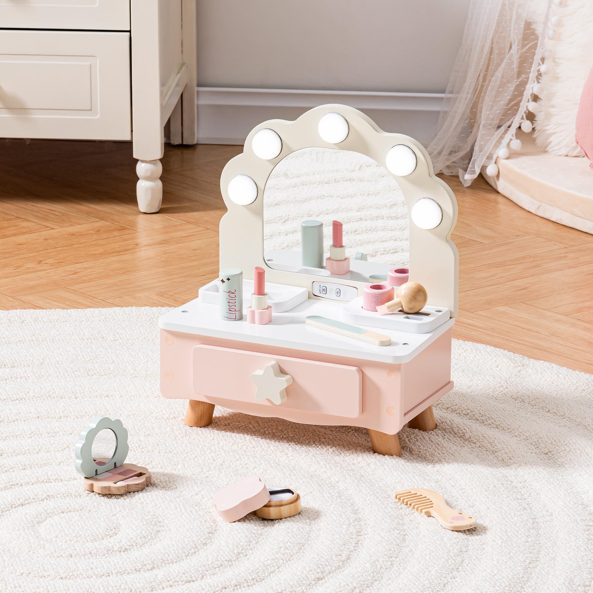 Photo 1 of ROBOTIME Toddler Vanity Makeup Table Toy with Mirror & Light, Wooden Kids Makeup Vanity Set, Dressing Table with Accessories and Lights, Pretend Makeup Set for Little Girls