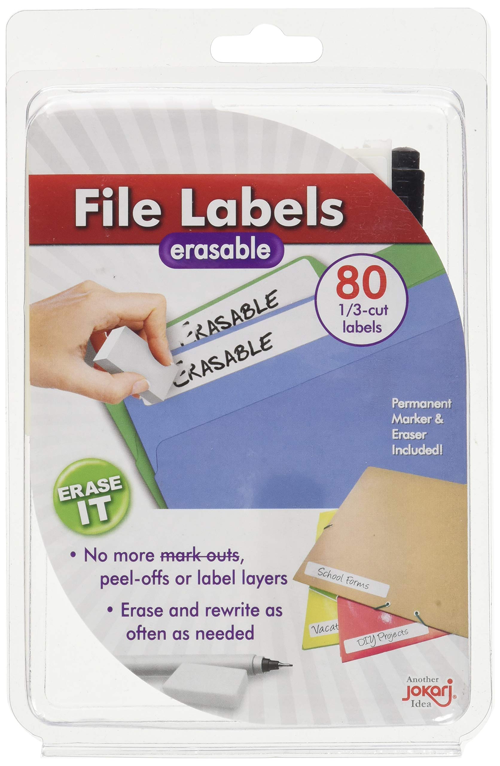 Jokari Label Once WSK40 - 80x White Laminated Erasable File Labels 1/3 Cut with Eraser & Pen