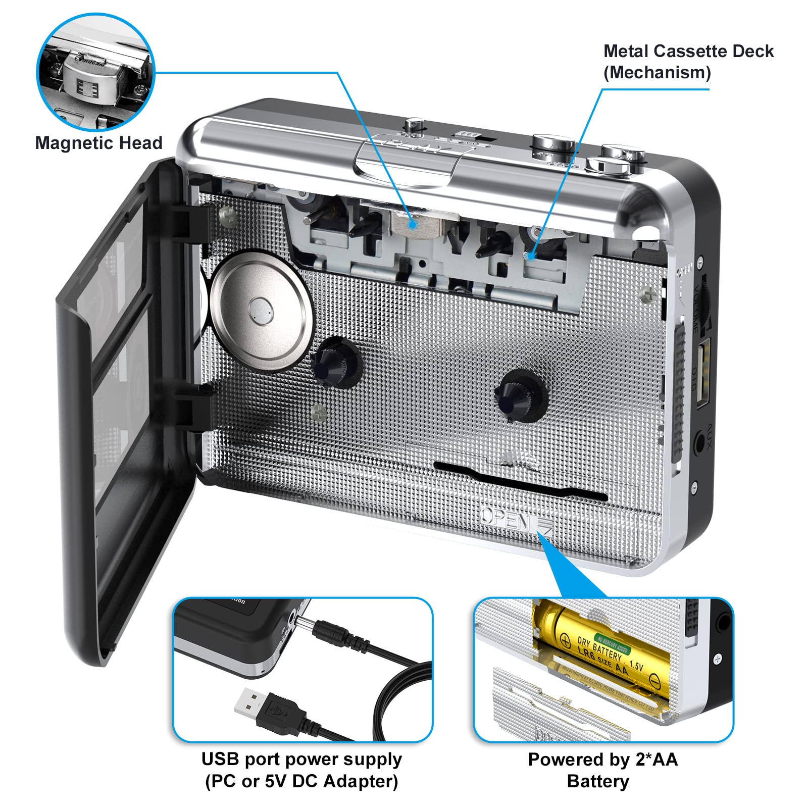 DIGITNOW Cassette Player, Portable USB Cassette to MP3 Converter, Walkman Audio Music Cassette Tape to Digital Converter Player with Earphones, No PC Required, Black