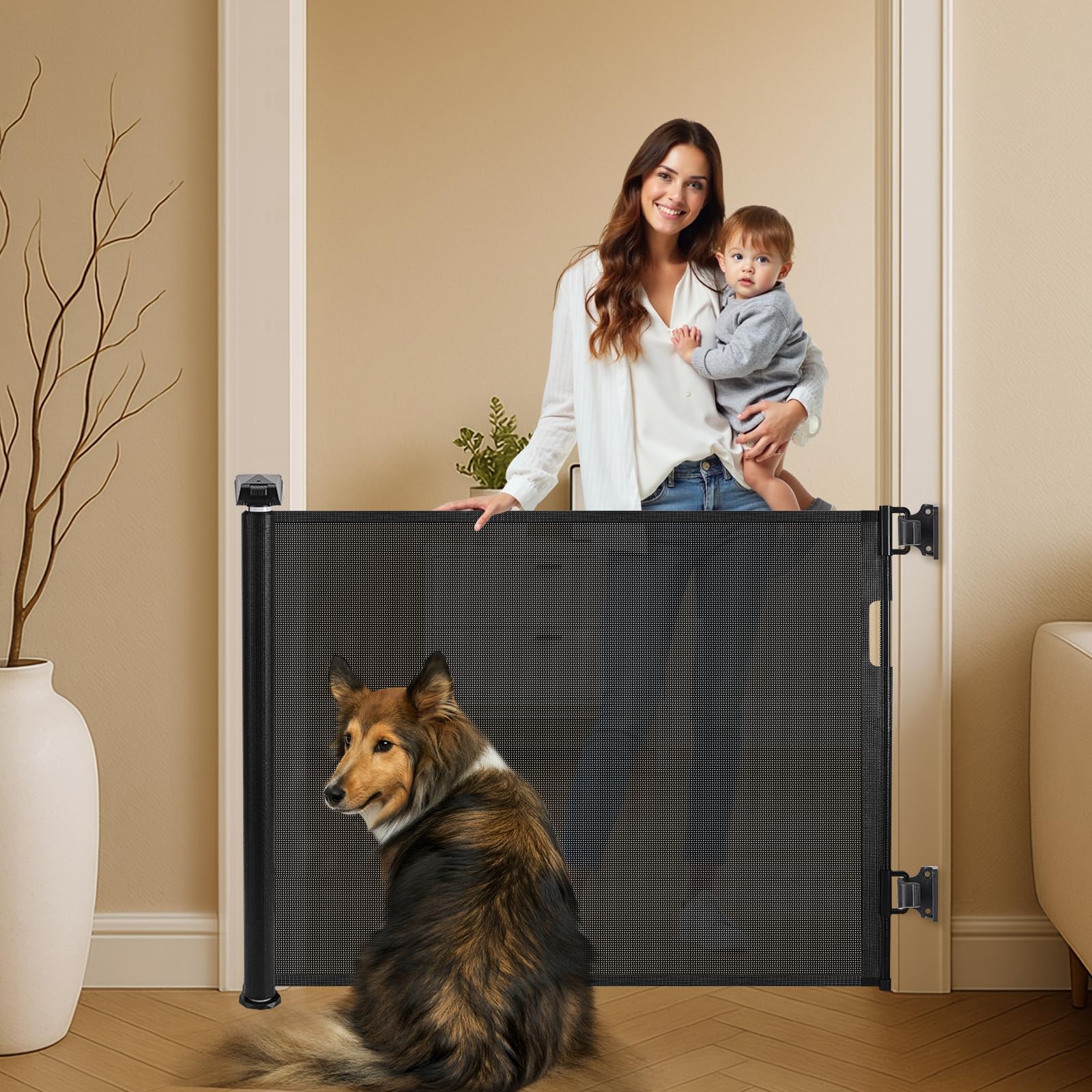 Retractable Safety Gate - Extra Wide 150CM x 86CM for Babies and Pets, One-Hand Operation Mesh Design for Stairs, Doorways, Hallways, and Outdoor Use